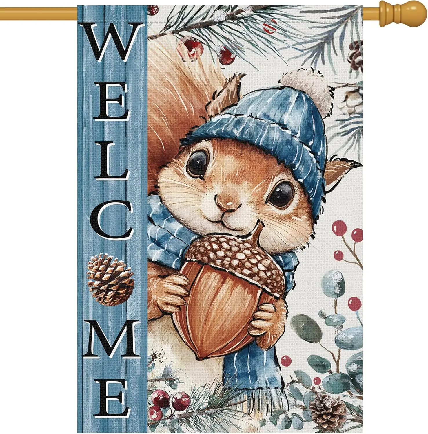 Squirrel Winter Garden Flag 28 x 40 Inch Double Sided Burlap，Acorn Red Berry Pine Needle Welcome Christmas Winter Home House PPM