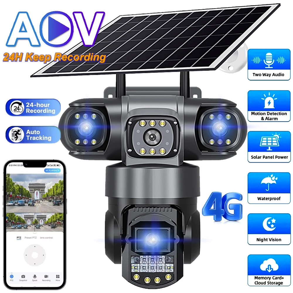 AOV 4G Solar Camera 3 Lens Wireless Outdoor Security Cameras 24 Hours Keep Recording 2 Way Audio IP CCTV PTZ Video Surveillance