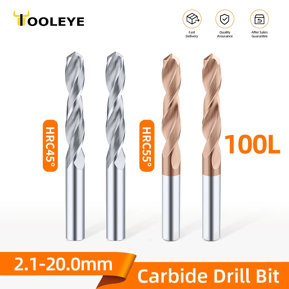 Tooleye Carbide Drill Bits HRC55° Total Length 100mm CNC Lathe Tools Hard Metal Drilling Tungsten Steel Twist Drills 2.1-20.0mm