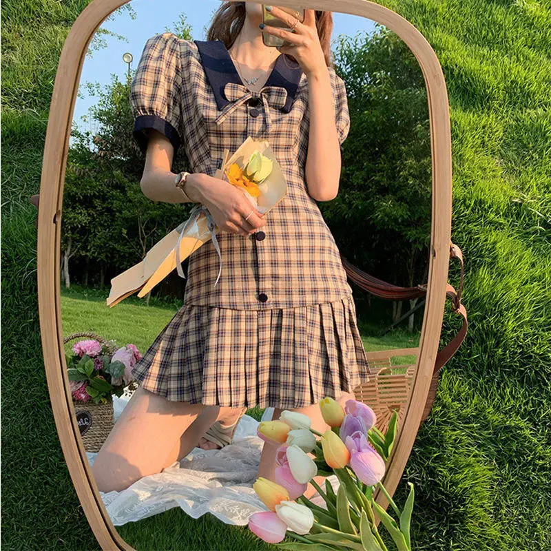 Vintage Plaid Printed French Style Casual Sweet Chic Bow Pleated Sexy Dresses for Women Summer Puff Short Sleeve Club Mini Dress