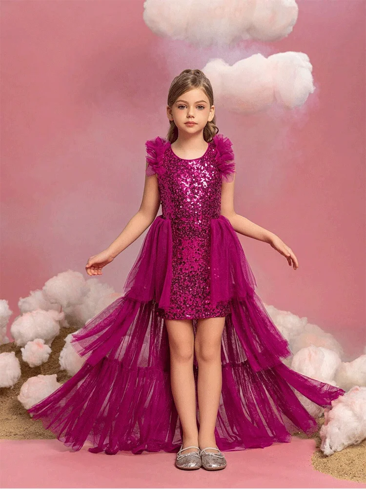 Girls Birthday Party Wedding Flower Girl Multi-Color Pink Mesh Evening Dress Girl Performance Dress