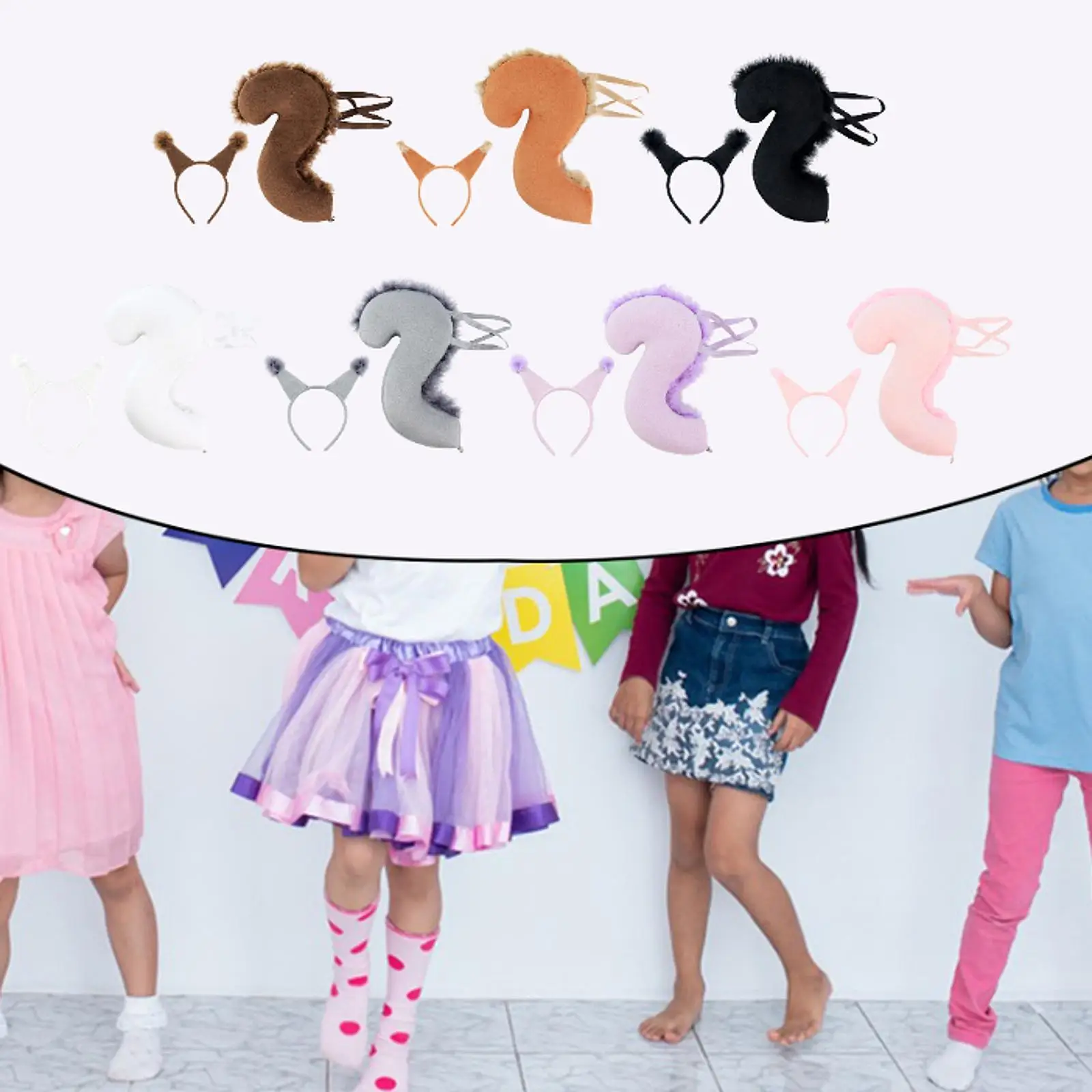 Girls Halloween Squirrel Tail and Ears Set Fun Cosplay Costume Polyester Headband for Kids Carnival Events