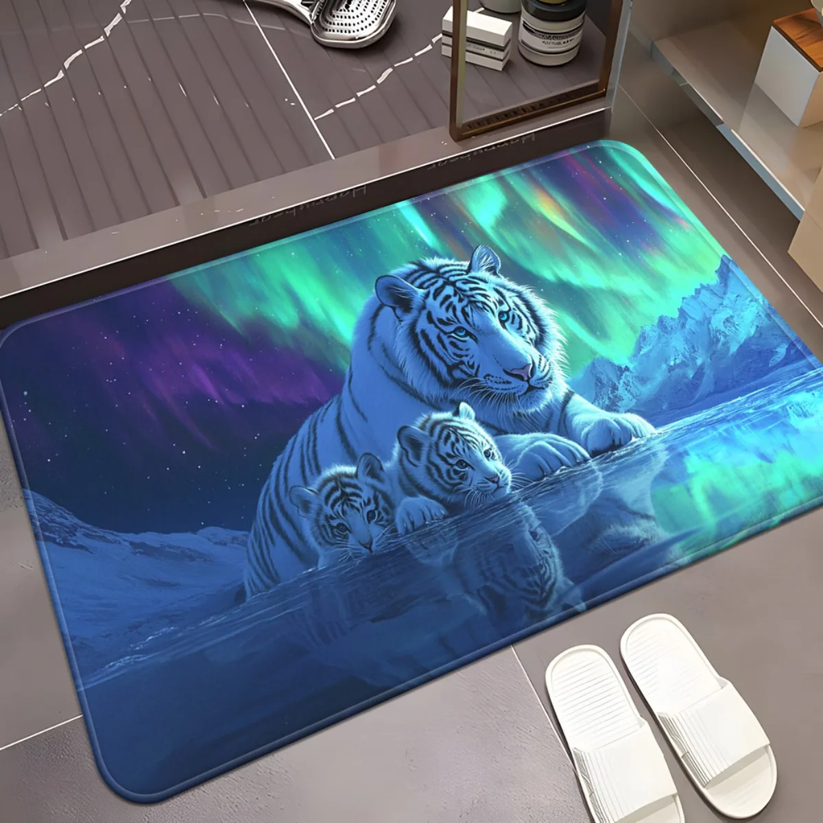 

1pc Northern lights white tiger family doormat magical wildlife art non slip mat for home decor nature lover gift idea