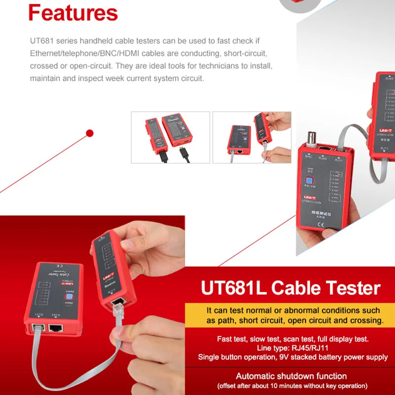 UNI-T UT681L Cable Tester Tracker LAN Auto Network LED Tester Ethernet Telephone BNC Repair Tool