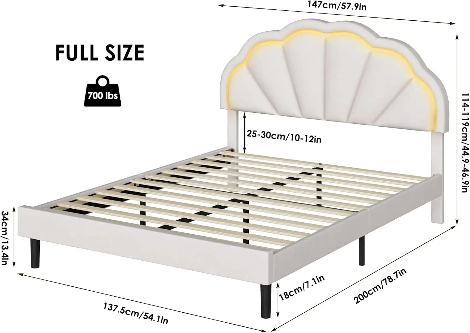 Full Upholstered Smart LED Bed Frame with Adjustable Chic Petal Headboard, Princess Full Size Platform Bed Frames for Kids