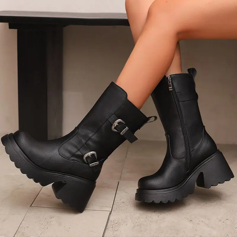 

Girseaby 2025 Ретро повседневные женские ботинки до середины икры с круглым носком, 8 см, блочные каблуки 3,5 см, платформа, молния, металлический декор, большие размеры 44 45