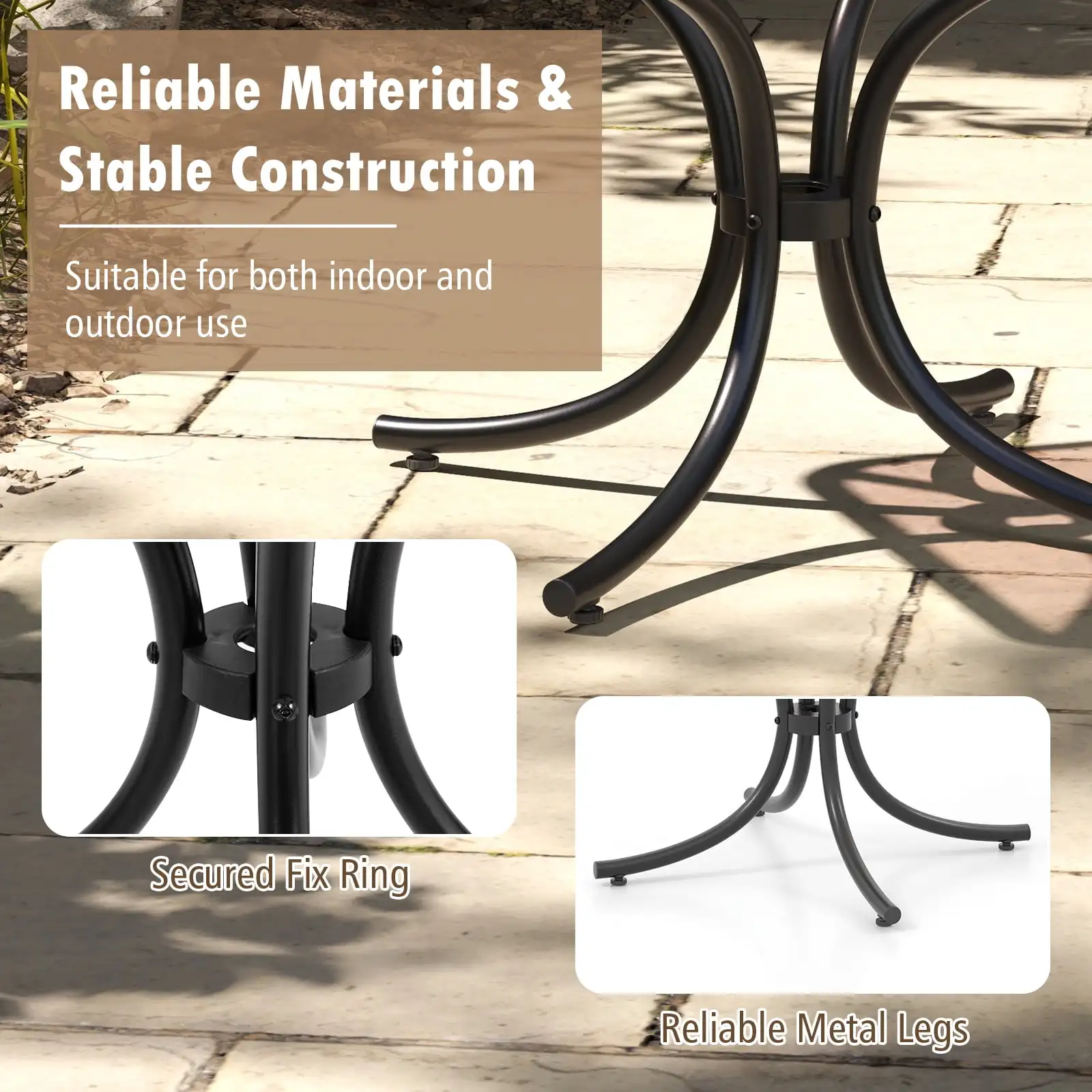 Patio Coffee Table End Table Outdoor Metal Square Side Table w/Tempered Glass Tabletop Black