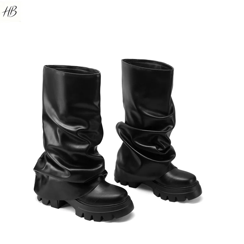 Women Metallic Ruched Knee High Boots Platform Chunky Sole Slip On Fold Over Shiny Leather Party Fashion Boots