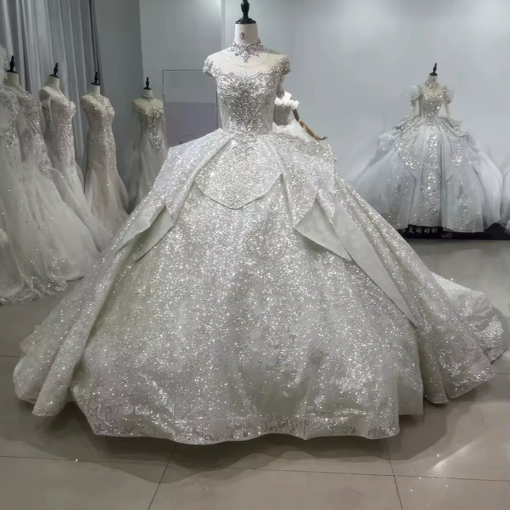 

Vestido Casamento 2025 Свадебное платье с короткими рукавами и круглым вырезом на шнуровке сзади, расшитое бисером, расшитое блестками, звездой и кристаллами, бальное платье, роскошное свадебное платье