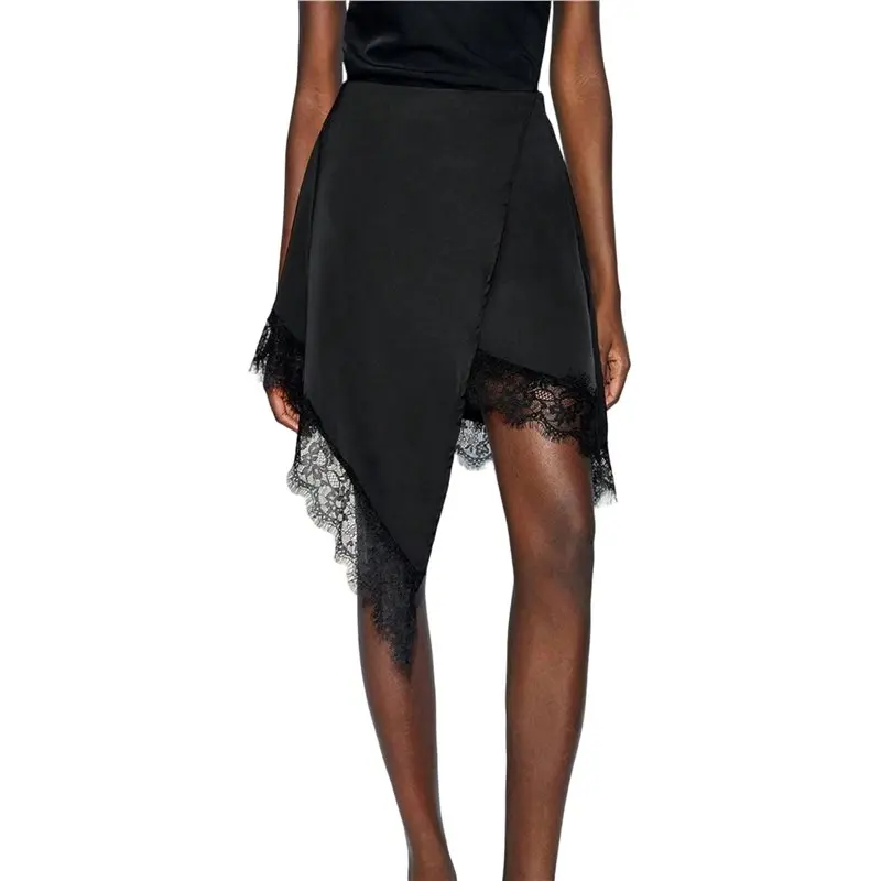 NEW-Women Lace Trim Satin Long Skirt Asymmetrical Silk Lace Skirt