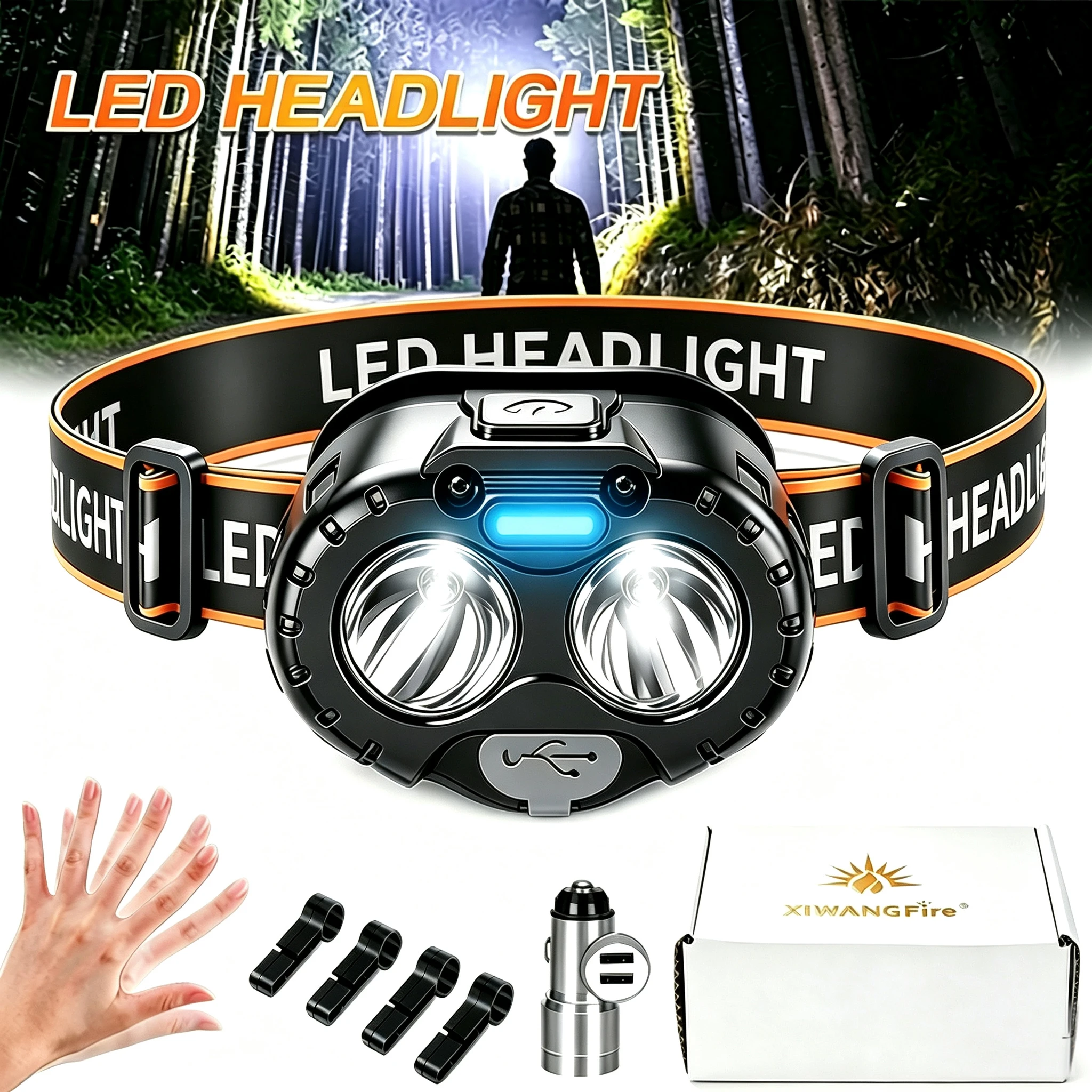 Leistungsstarke LED-Stirnlampe mit Wellensensor, verstellbare Notfall-Reparaturlampe, wiederaufladbare Arbeitsleuchte für Outdoor, Camping und Wandern