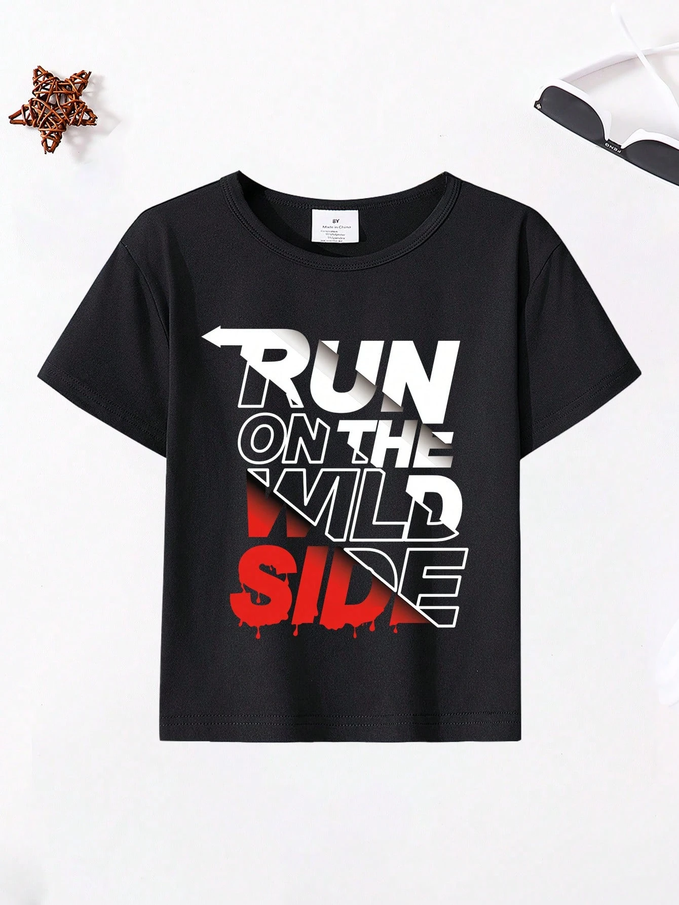 Kreativer Stil, modisch, mit Buchstaben „Run On The Wild Side“, bedrucktes T-Shirt für Kinder, Sommer-Jungen-Shirt, lässige Oberteile, Rundhalsausschnitt-Kleidung