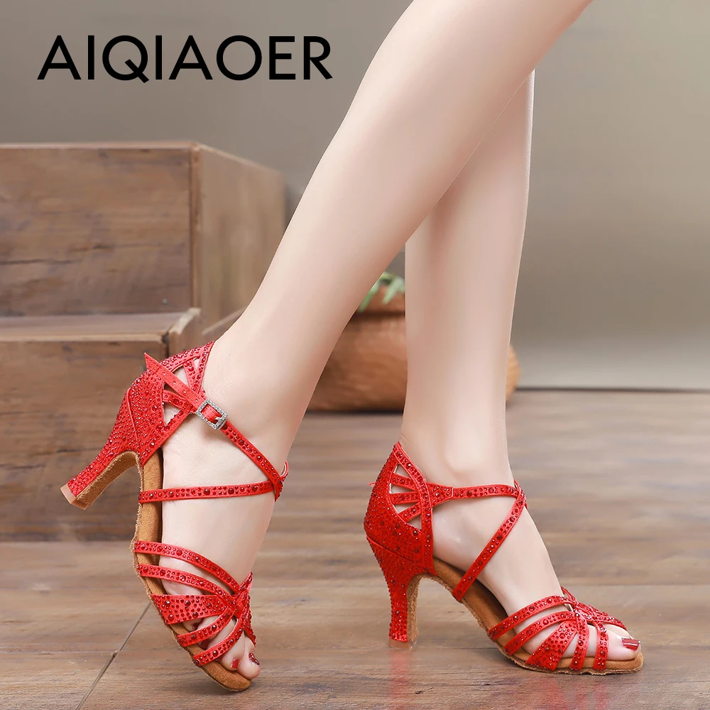 Woman Latin Dance Shoes for Women Women\'s Heel Sandals Drill Red Heels Elegant Heeled Summer 2024 Standard Ballroom Latino New