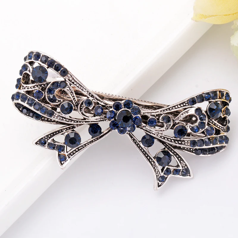 EASYA Vintage Antique  Blue Crystal Bowknot Hairpins Jewelry Women\'s Fashion Metal Rhinestone Ribbon Hair Clips Barrettes