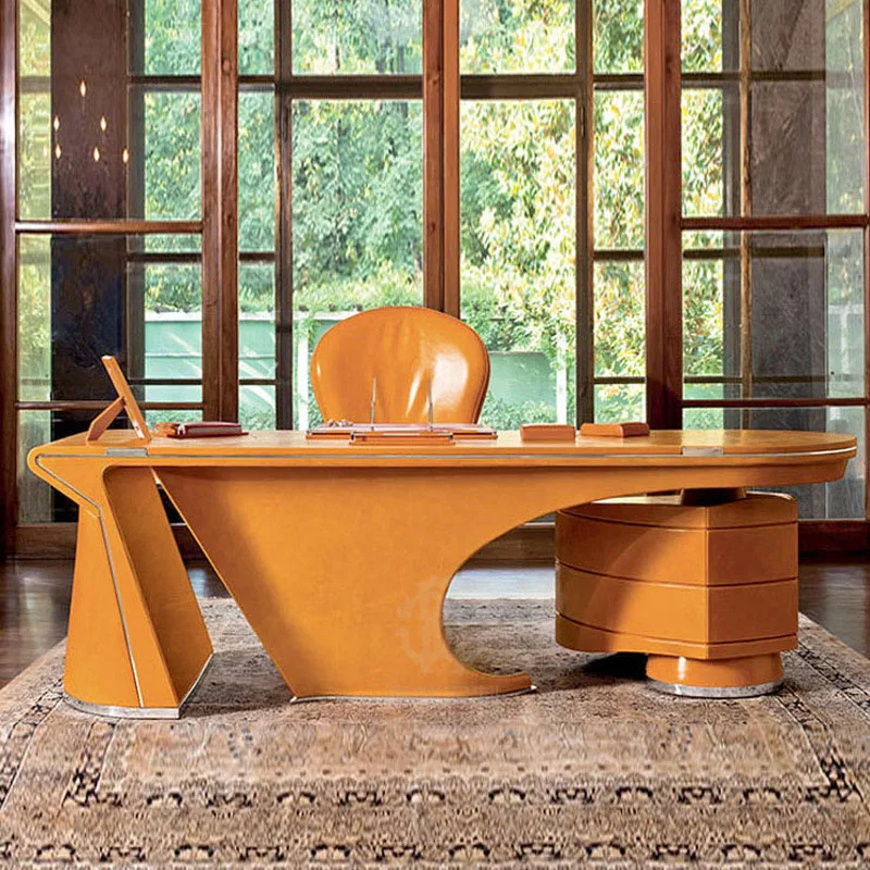 

Postmodern light luxury desk and chair combination Mas orange paint special-shaped desk technology sense fashion table