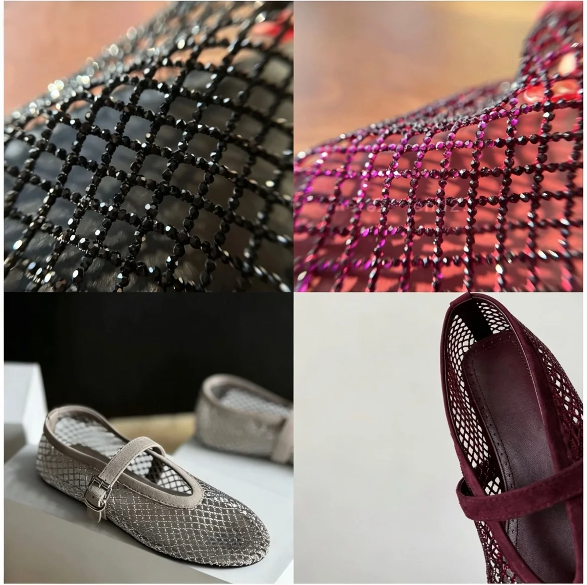 Women's Hollow Out Fishnet Mary Janes 26S Rhinestone Mesh Flats Summer Breathable Ballet Shoes One Word Buckle Strap Single Shoe
