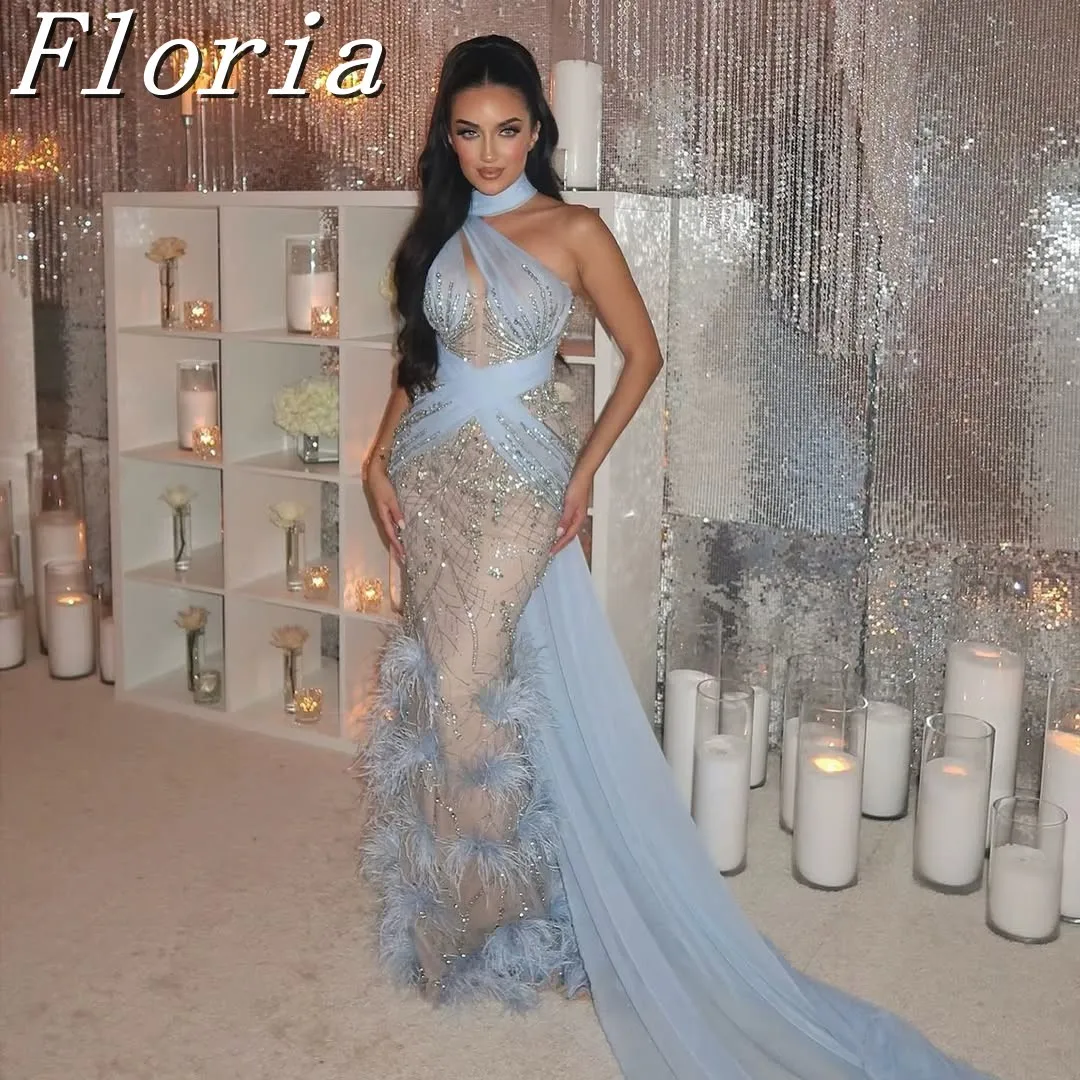 

Sky Blue Luxury Mermaid Evening Dress With Feathers Halter Neck Long Train for Women Wedding Prom Party Gowns