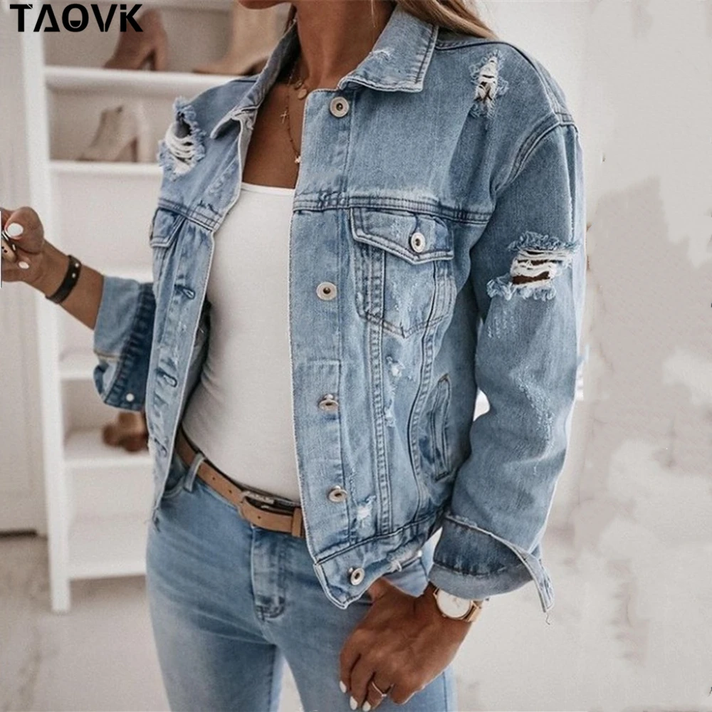 TAOVK Women's  Casual Short Jean Jacket Sexy Denim Jackets Solid Casual Blue Cowboy Jackets Hole Loose Jean Coats