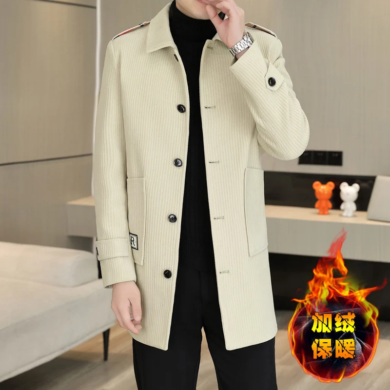 2023 Winter Medium Length Woolen Jacket for Men Plush and Thicken Trench Coat slim Casual Business Social Streetwear Overcoat