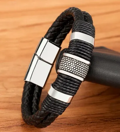Vintage Woven Leder Seil Wrap Armbänder Für Männer Klassische Edelstahl Armreifen Armbänder Punk Armband Schmuck Männliche Geschenke