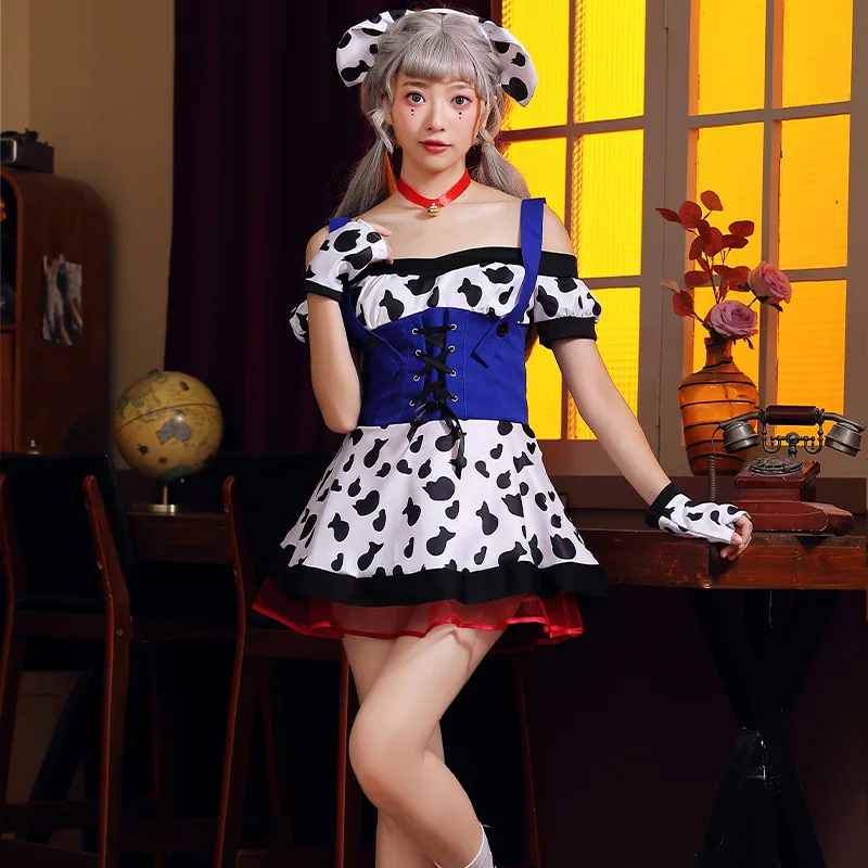 Sexy Spice Girls Maid Cosplay Dress for Women White black irregular Cow print Dress Maid Christmas Party Temptation Uniform Suit