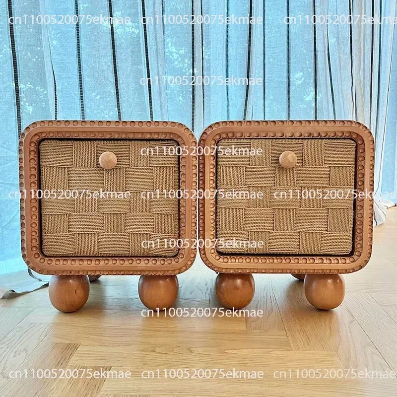 Solid Wood Bedside Table Removable Rope Braided Door Round Foot Bedroom Single Door Storage