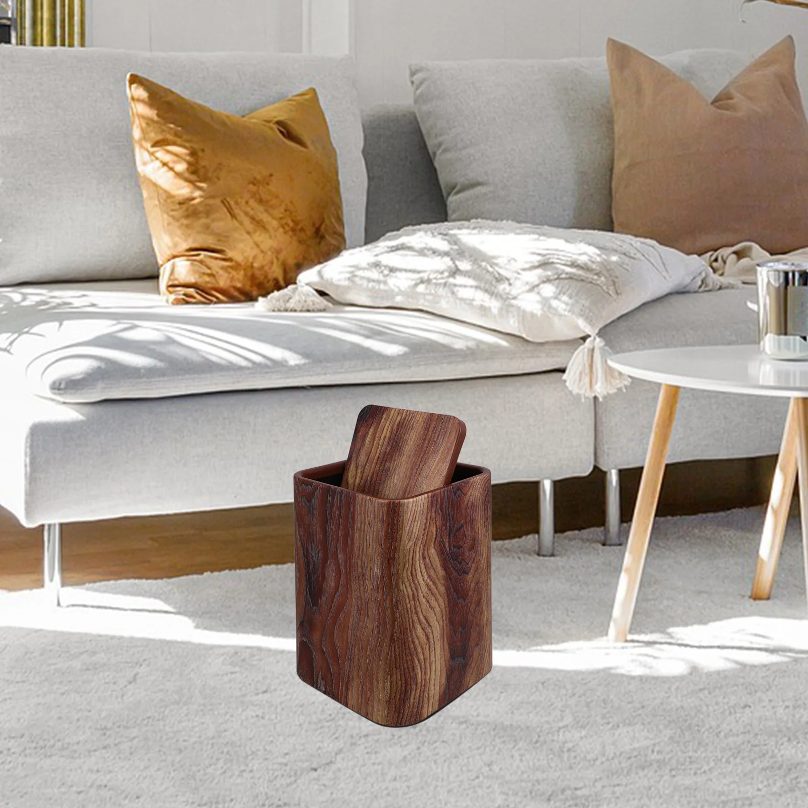 

1pc Retro Wood Grain Trash Can Swing Lid Moderate Capacity For Home Hotel Office Kitchen Bedroom Bathroom Living Room