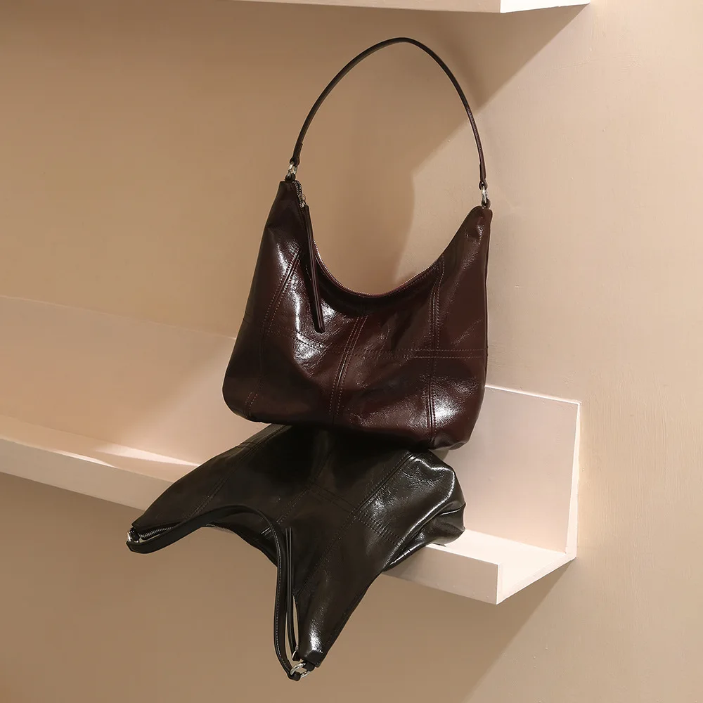 

Women's High-end Handbag Underarm Large Capacity Shoulder Top Layer Genuine Leather Bag Oil Wax Cowhide Women's Bag сумка женска