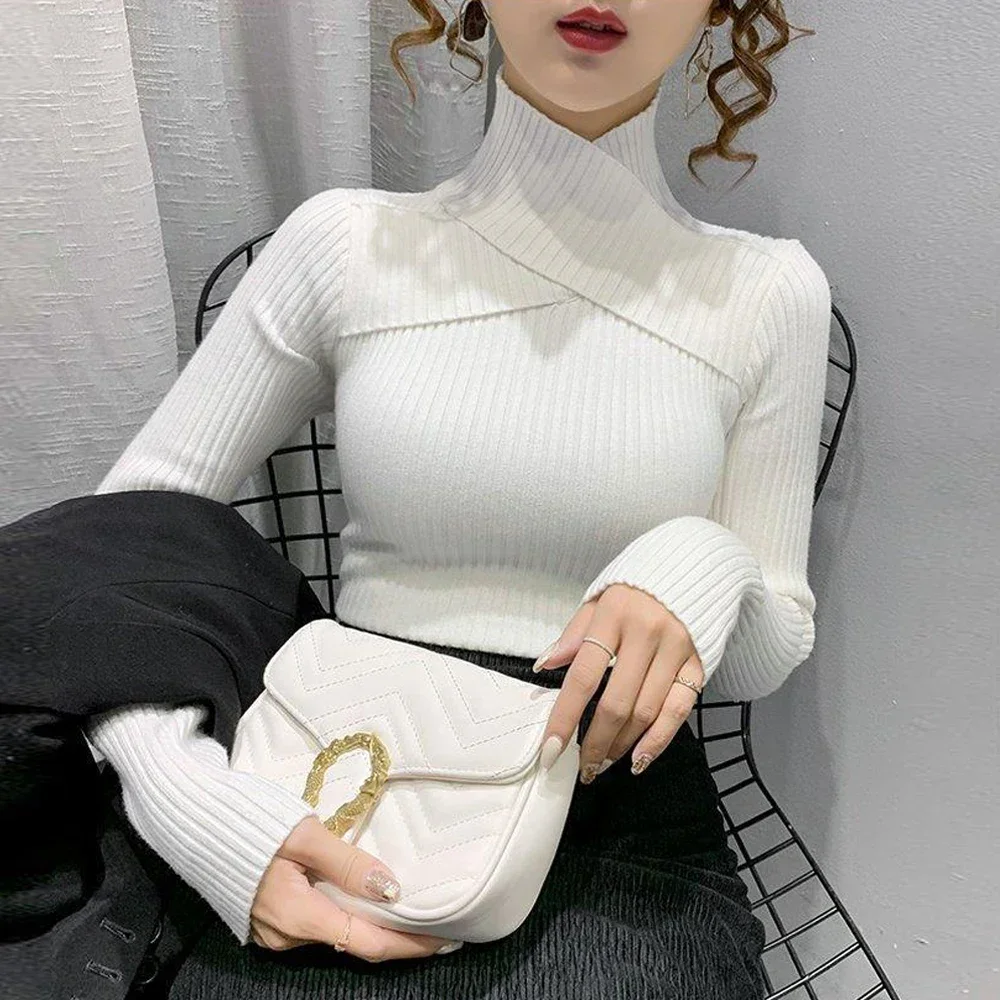 Woman Black White Sweater T Shirt S-XL Long sleeved Blouse Women High Neck Knitted Shirt Womens Blouses Elegant A RAN A YUE