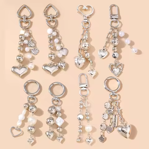 Aihua Cute Y2K Silver Color Pearls Metal Heart Keychain Key Ring for Women Girls Handbag Pendants DIY Key Chain Jewelry Gifts