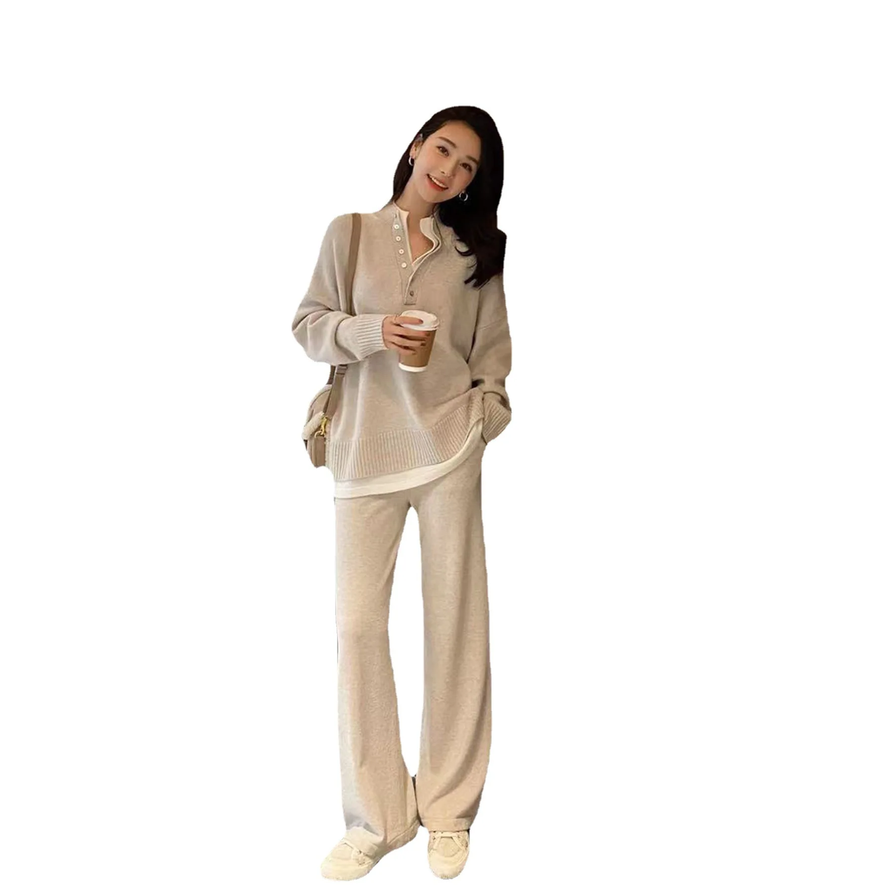 Autumn Knitted Pant Suits Women Korean Fashion Casual Loose Tracksuits Oversized Stand Collar Sweater Knitted Pants 2pcs outfit