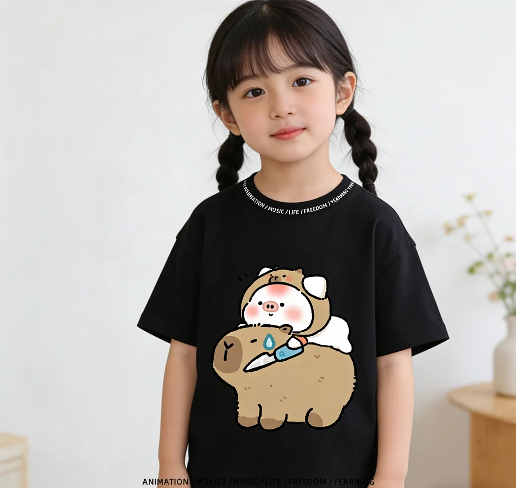 

2026 Kapybara Print Cotton Tshirt American Streetwear Loose Fit Short Sleeve Unisex Adult Kids 2-12Y Soft Home Tee