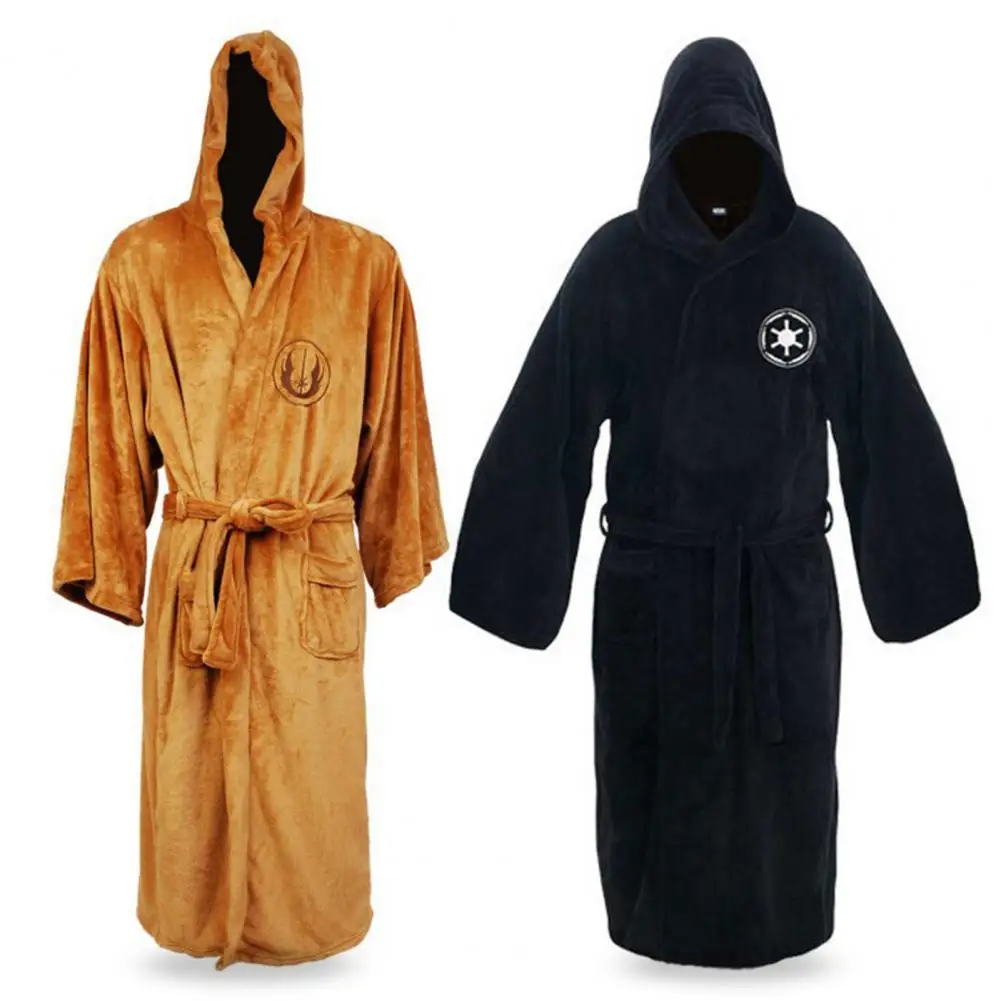 Simple Male Flannel Robe Long Sleeve Washable Star Pattern Pockets Robe Bathrobe  Comfy Men Robe for Bedroom