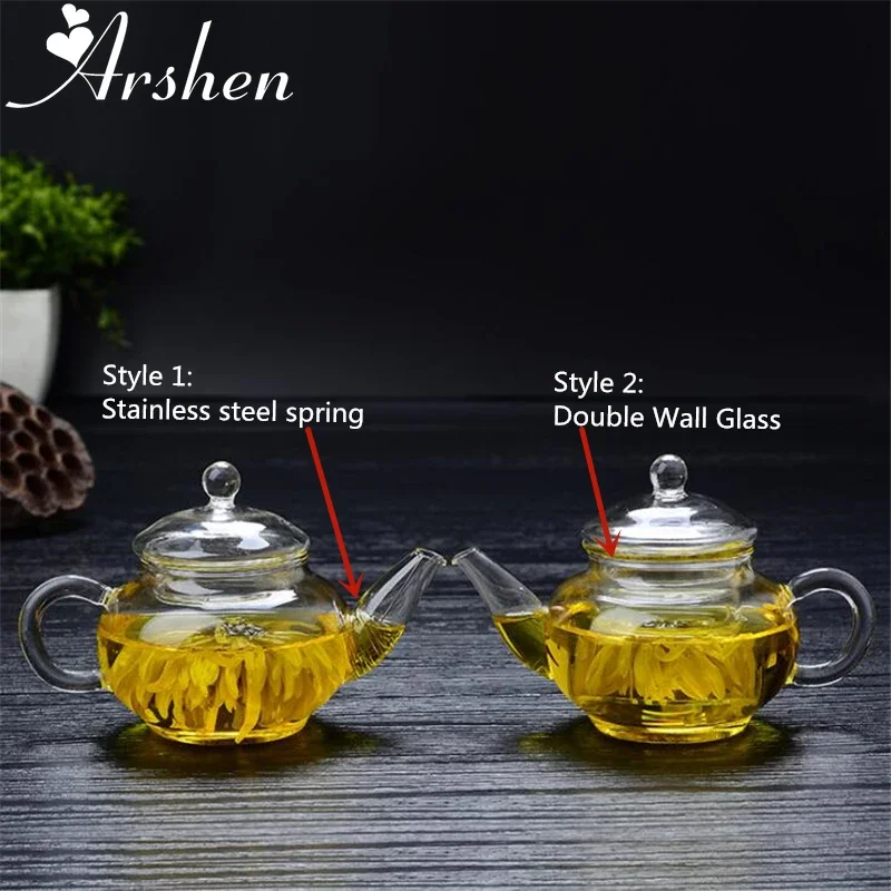 Arshen Newest 250ml Filterable Heat-resistant Glass Teapot Double Wall or With Stainless Steel Spring Teapot Clear Glass Tea Pot