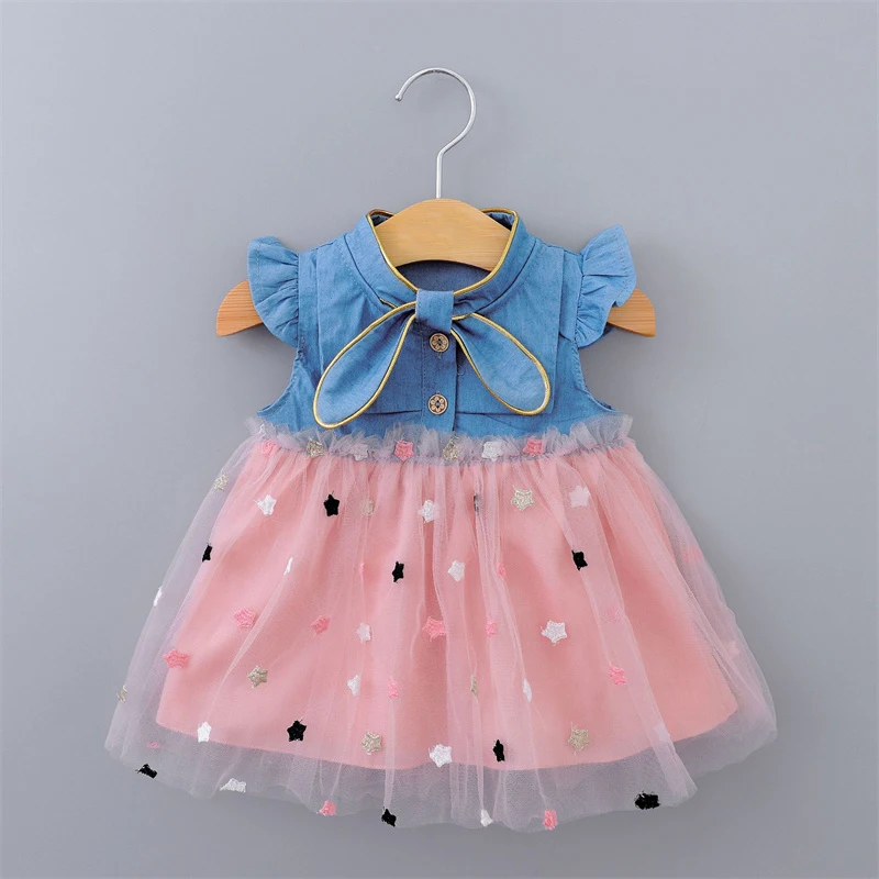 Baby Girls Dresses Summer 1-4Years Kids Tulle Dress Ruffles Sleeve Denim Cotton Mesh Toddler Children Clothing Casual Wear A458