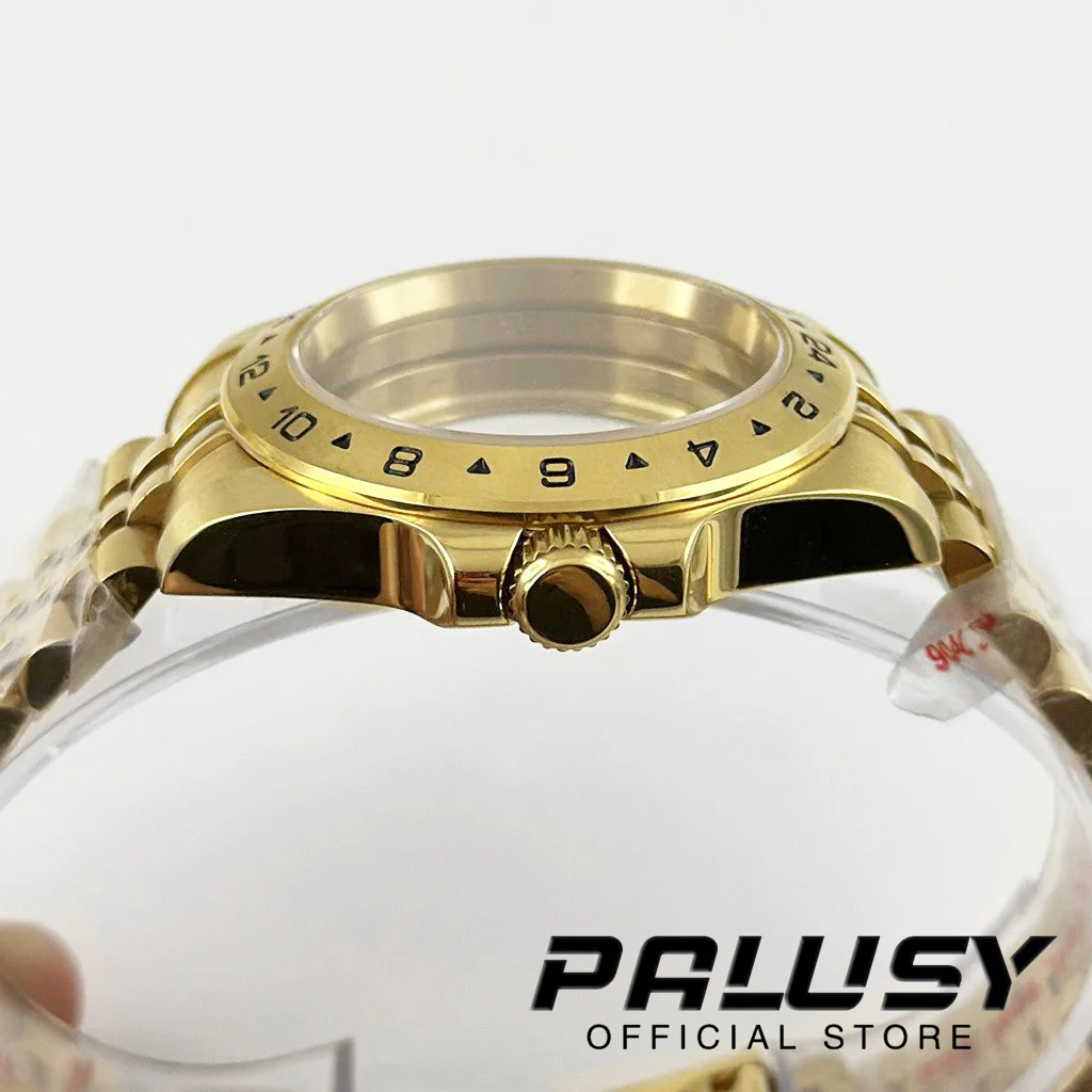 Ouro 40mm exp 24 horas gmt preto moldura fixa caixa de relógio sólido glide lock fecho vidro safira para nh34 nh35 nh36 eta2824 movimento