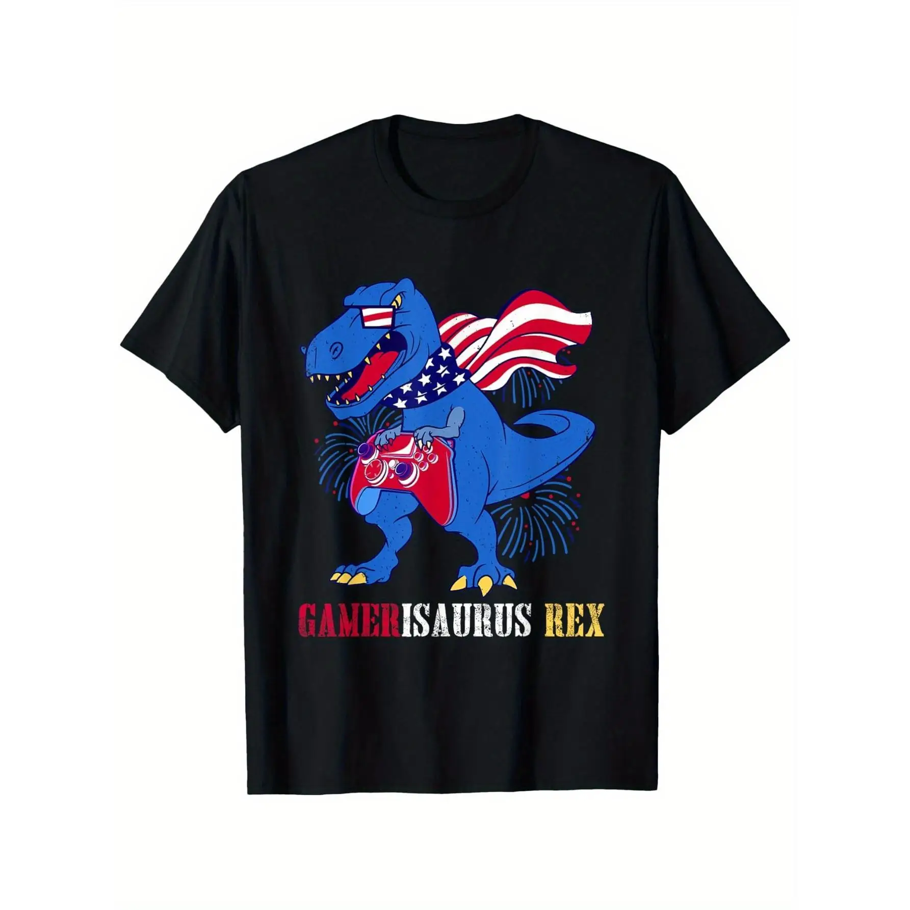 

Gamerisaurus Rex T-Shirt, Funny Dinosaur Gaming Tee, American Flag Patriotic Gamer Top, Unisex Novelty Cotton Shirt for Men