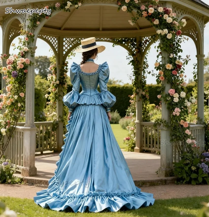 فستان حفلة موسيقية فيكتوري عتيق أزرق سماوي فاتح لامع ثوب مسائي مكشكش وأكمام طويلة مخصص زي تنكري للنساء #2