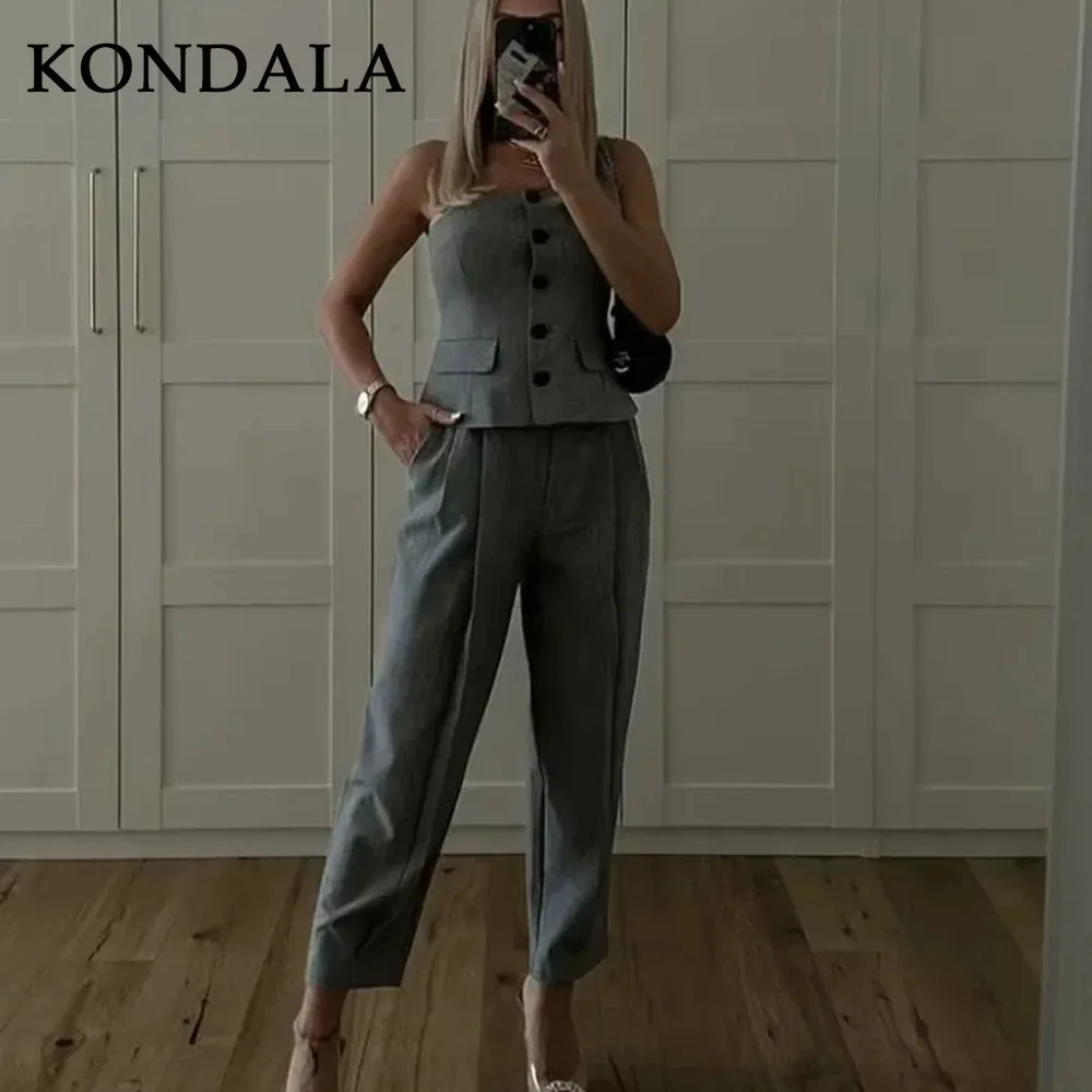 KONDALA 2026 Spring Summer Women Vintage Solid Suits Fashion Casual Skew Collar Sleeveless Button Vests+Straight Pencil Pants