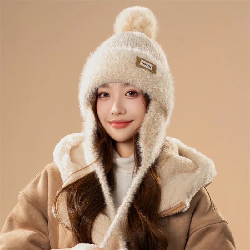 New winter women's hat. Thickened, warm. Pompom and ear protection. Korean style, versatile, small face showing. Knitted, casual