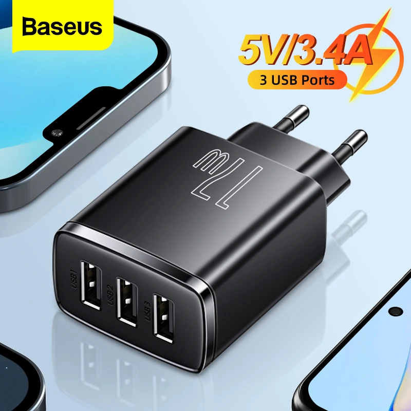 Baseus 17W USB 충전기 3 USB 빠른 충전 휴대 전화 충전기 아이폰 Xiaomi 휴대용 여러 포트 벽 충전 어댑터