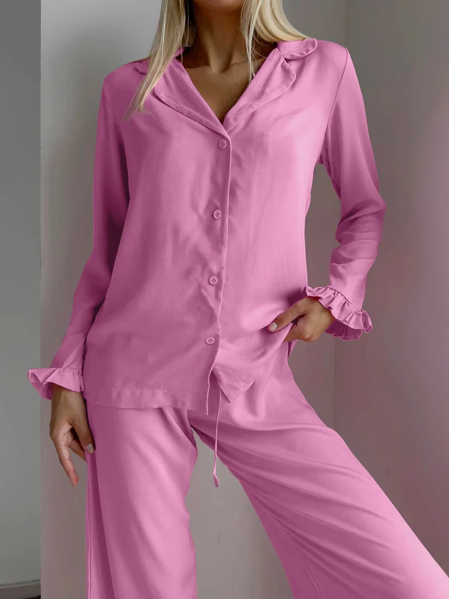 Blubelle-Conjunto de pijama con pantalones largos y manga larga para mujer, cárdigan de Color liso, informal, para casa, hoja de loto