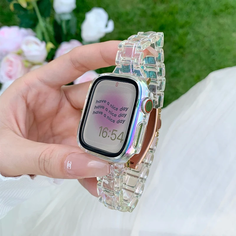 Rainbow Laser Transparent Band For Apple Watch 9 8 41mm 45 38 40 42 44 49mm Glacier Strap Women Bracelet For iWatch SE 7 6 5 4 3