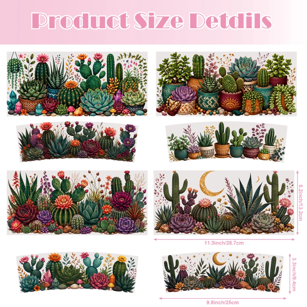 4 Sheets Cactus Succulent Garden UV DTF Stickers for 40oz Tumblers Waterproof DIY Cup And Mug Transfer Appliques UV DTF