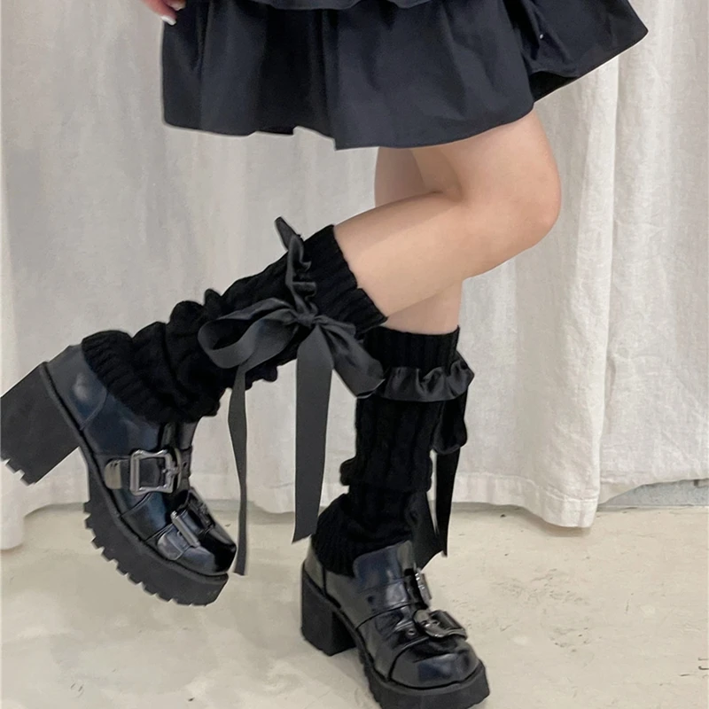 Y2k perna mais quente feminino menina japonês kawaii meias soltas doce cetim laço bota meias 2000s rasgado malha perna mais quente 80s accessary