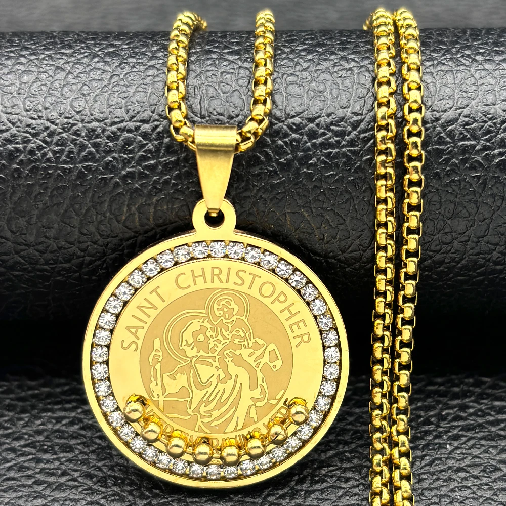 St. Christopher Jesus Necklace for Women Men Rhinestone Stainless Steel Gold Color Hip Hop Saint Medal Chain Jewelry colar