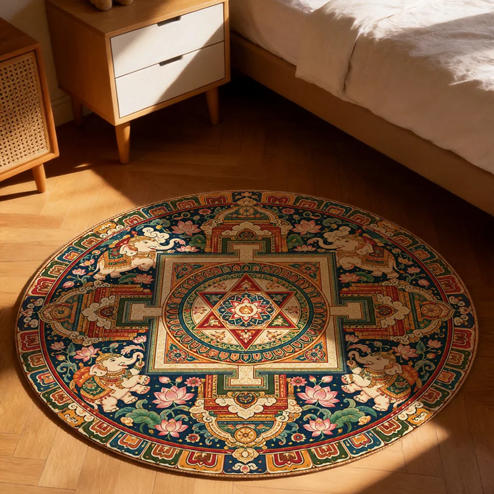 Moroccan Style Round Area Rug Bohemian Geometric Pattern Living Room Decor Soft Throw Mat