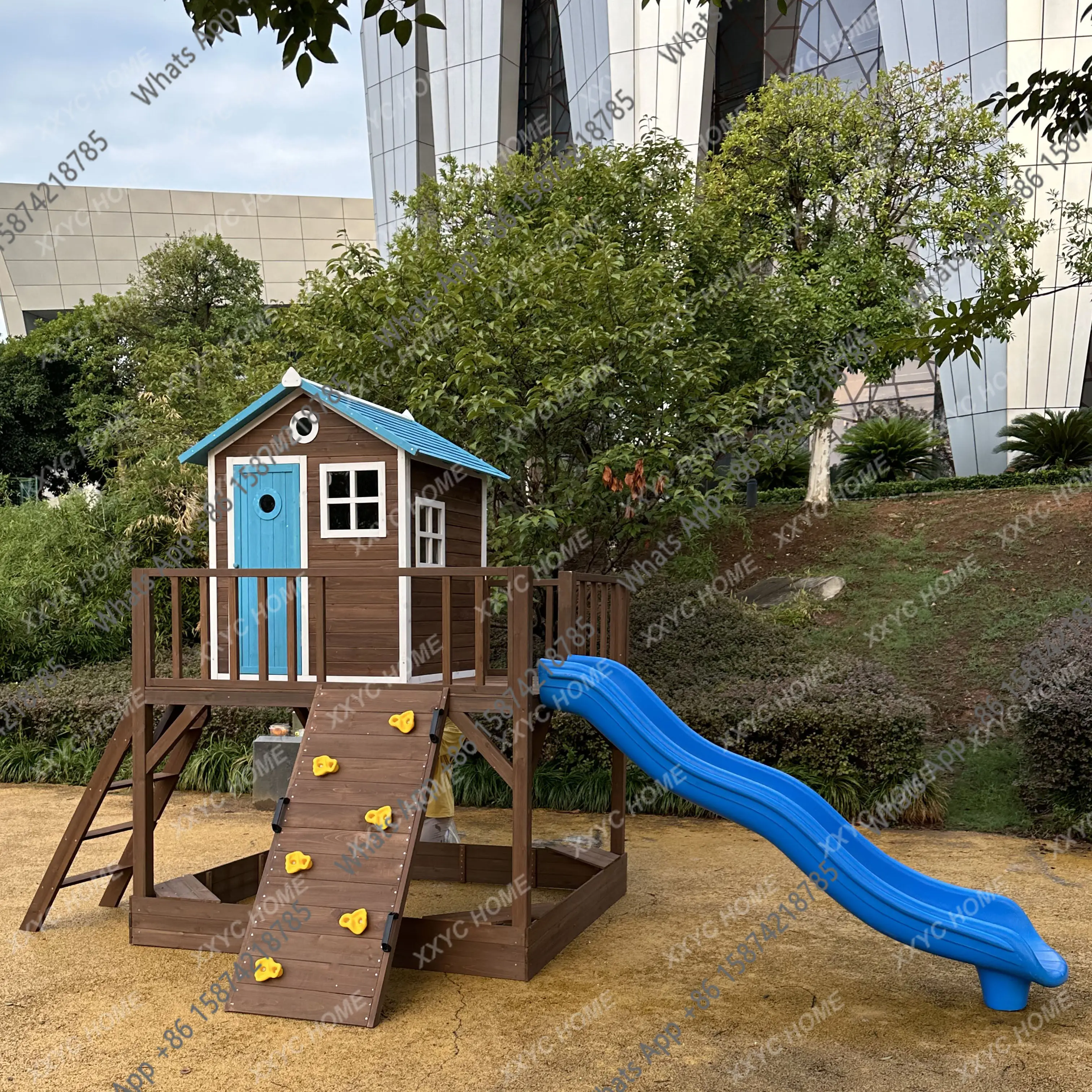 Outdoor Slide Playground Equipment Climbing Frame Kindergarten Solid Wood Large Wooden House Playground Tree House