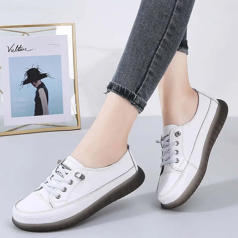 Sport Shoes Women Natural Genuine Leather Flat Casual Shoes Female Ballet Flats Lace Up White Court Sneakers Ladies Flats