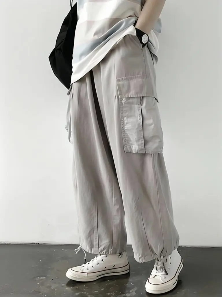 

Loose Vintage Man Wide Leg Japanese Pants Man Elastic Waist Multi-Pocket Cargo Sweatpants Cotton Casual Streetwear Straight